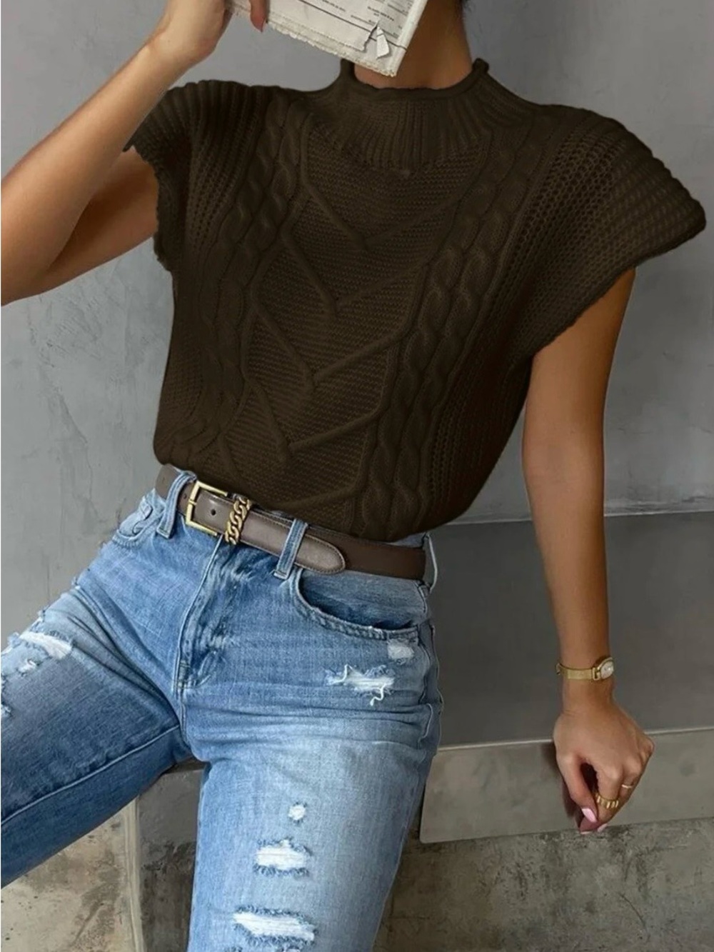 Commense Cable Knit Cap Sleeve Sweater Top - Dark Brown